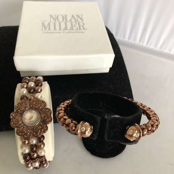 NOLAN Miller Jewelry Crystal Watch Chocolate Pearl Coco Persailles with Bracelet - Picture 1 of 8
